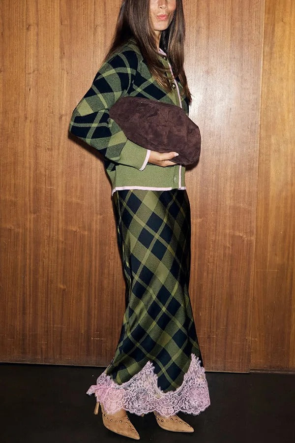 Holiday plaid Satin Unique Print Patchwork Lace Stretch Waist Draped Maxi Skirt