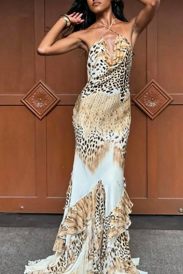 Coral Satin Leopard Print Halter Cowl Neck Exaggerated Ruffles Hem Maxi Dress