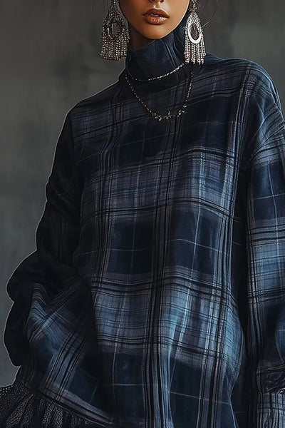 Plaid Print High-Neck Long-Sleeve Loose Ruffle Mini Dress