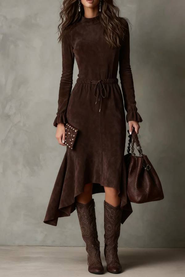 Vintage Suede High Neck Irregular Midi Mermaid Dress