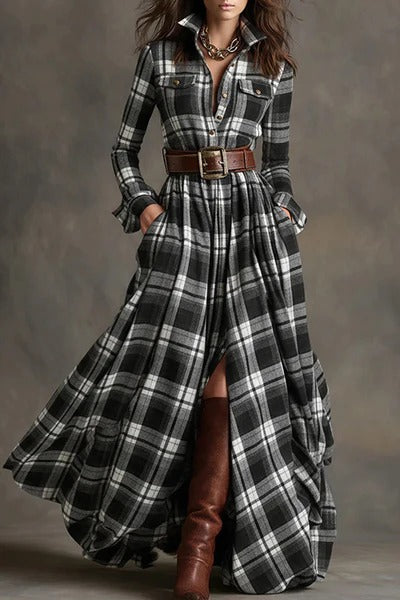 Retro Plaid Print Lapel Long-sleeved Pocket Maxi Dress