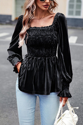 Solid Color Balloon Sleeve Commuter Long Sleeve Top
