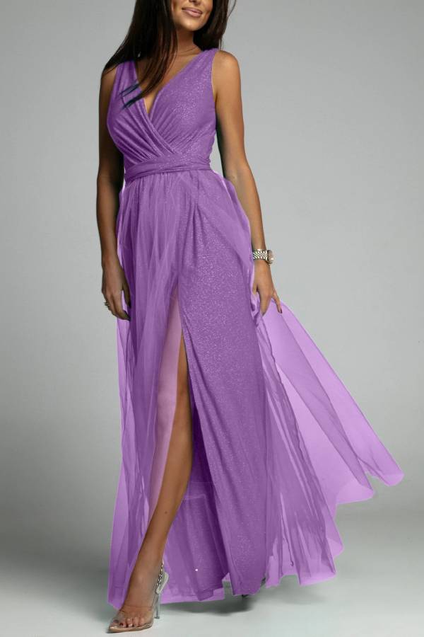 V-neck shiny high-slit long dress