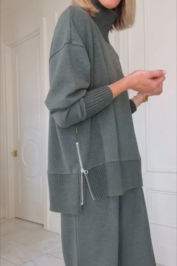 Barker High-Neck Long Sleeve Side Zipper Sweatshirt and Elastic Waist Pocketed Loose Pants Set