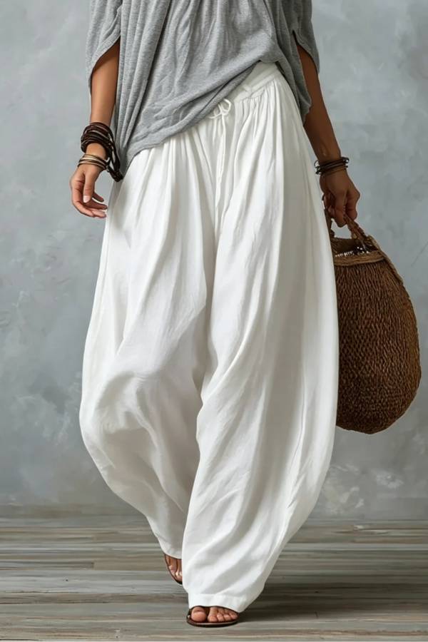 Grey Off-shoulder Top And White Loose-fitting Lantern Pants Suit