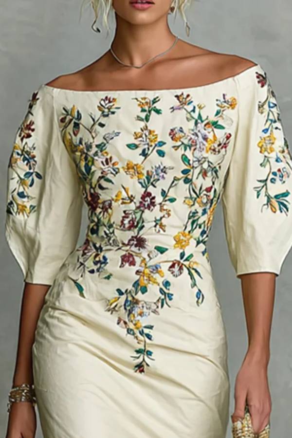 Women's floral print mid-sleeve slit dress