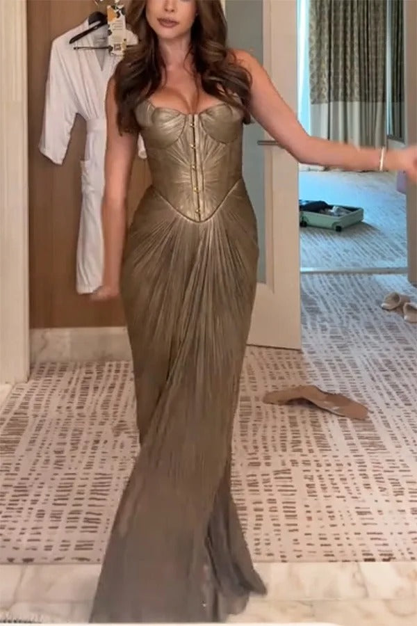 Vegas Queen Metallic Pleated Sculpted Bodice Back Lace-up Drape Maxi Dress