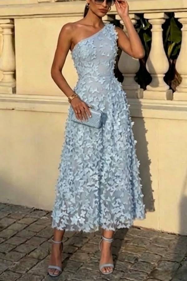 Lynelle Tulle 3D Floral Butterfly One Shoulder Sleeveless A-Line Midi Dress