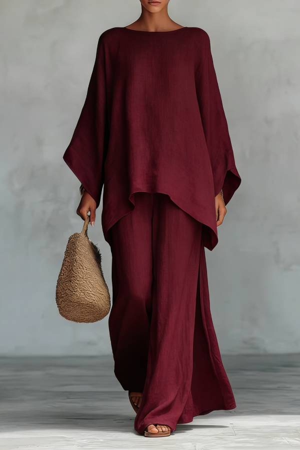 Crew Neck Irregular Hem Loose Top + Flowy Wide-Leg Pants Set