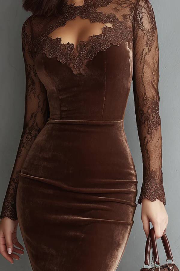 Brown Vintage Keyhole Neckline Lace Sleeve Velvet Mini Dress