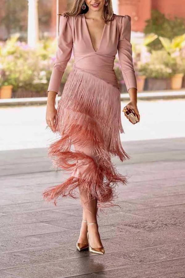 French V-neck long-sleeved tassel evening gown