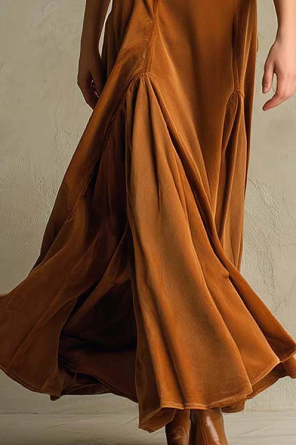 Brown Elegant Retro Suit Collar Velvet Long Dress