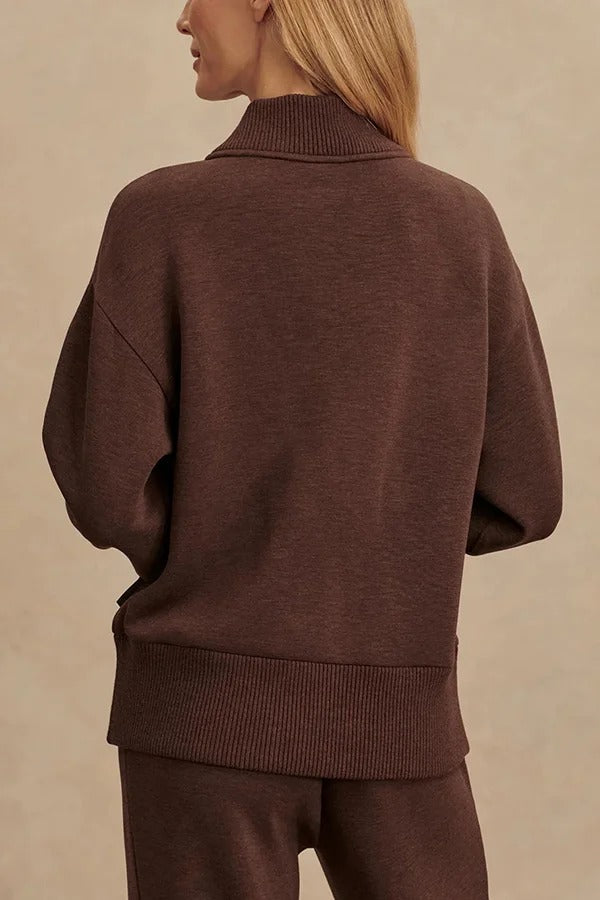 Meet The Autumn Ribbed Zipper Neck Sweatshirt and Elastic Waist Pocketed Loose Pants Set