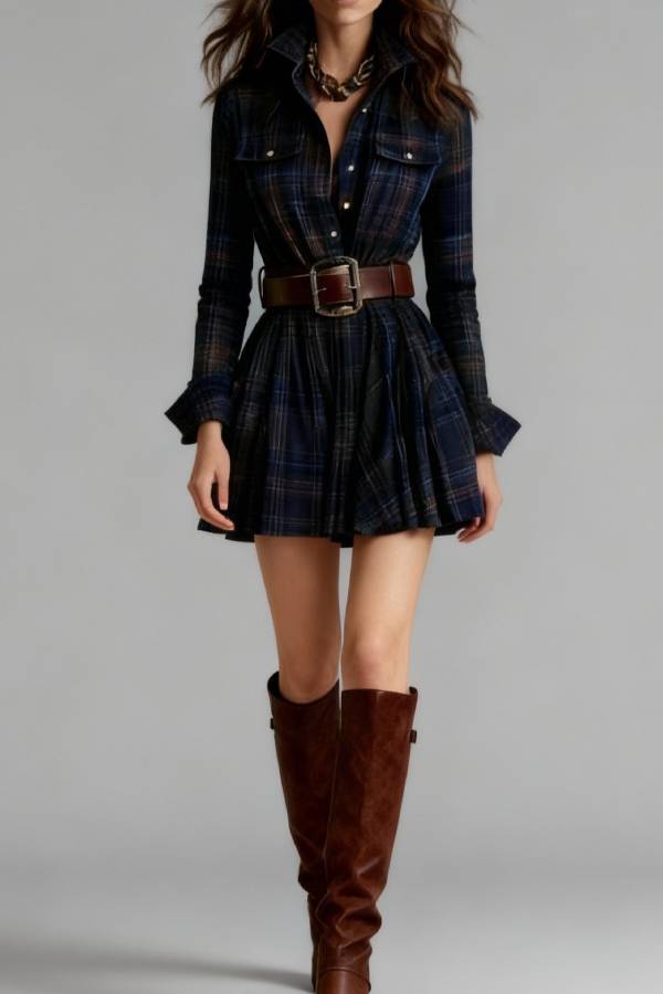 Vintage Lapel Red and Brown Plaid Mini Dress