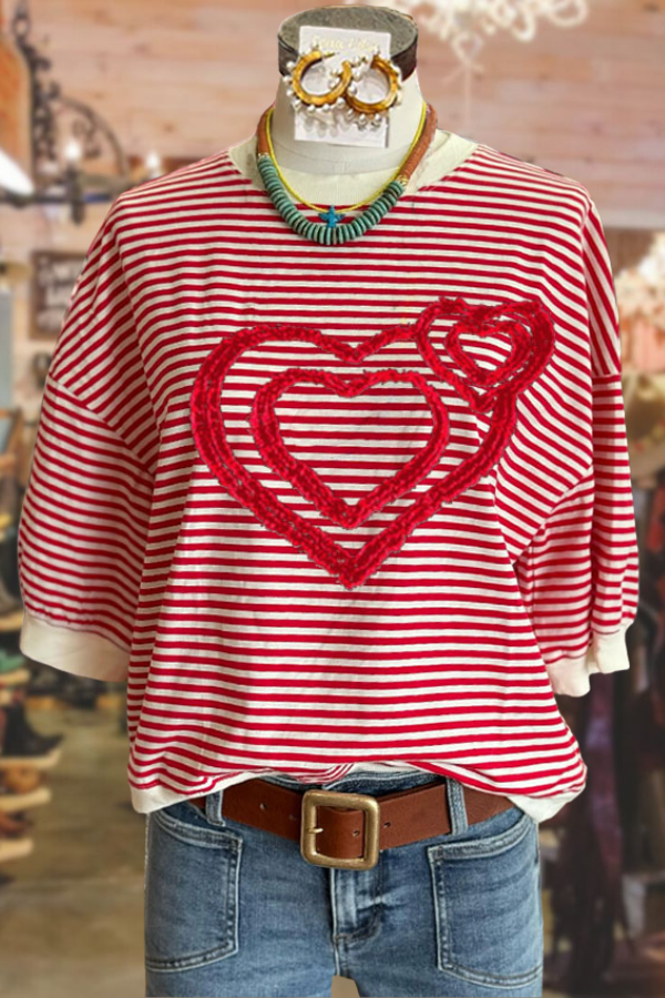 Heart Rope Embroidered Striped Print Casual Top