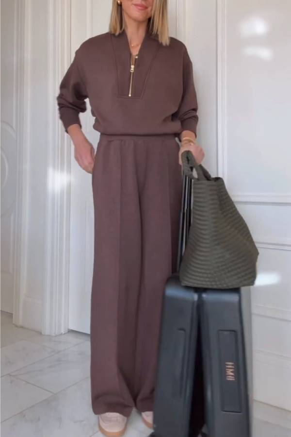 Brown half-zip casual sweatshirt and wide-leg pants set