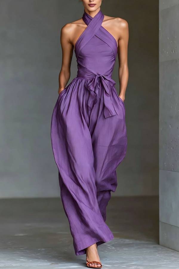 Halter Cross-Tie Waisted Wide-Leg Jumpsuit