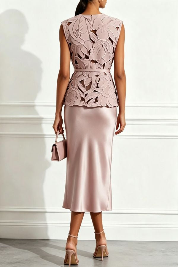 Elegant Cutout Embroidered Flowers Tie-up Sleeveless Top and Satin Slip Dress Two-Piece Set