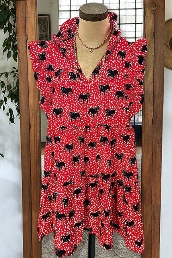 Ruffle Collar Bulldog Mixed Graphic Print Pleated Dress
