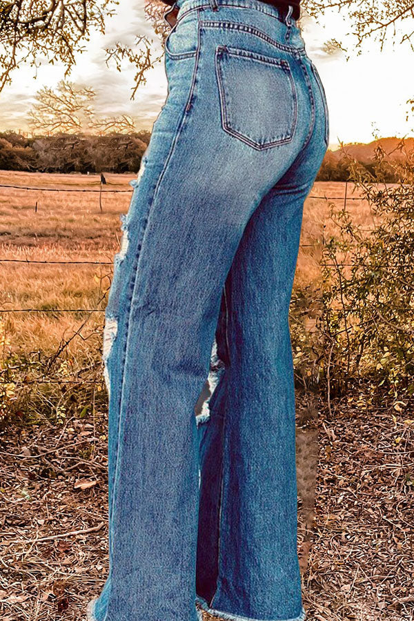 Casual Plain Wide Leg Ripped Washed Jeans