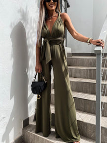 Solid Color Sexy Deep V Lace-up Flared Jumpsuit