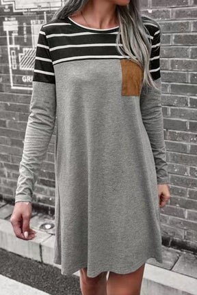 Women's Loose Striped Pocket Panel Long Sleeve Dress
