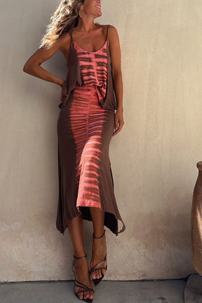 Desert Wonders Tie Dye Print Elastic Waistband Slit Stretch Midi Skirt