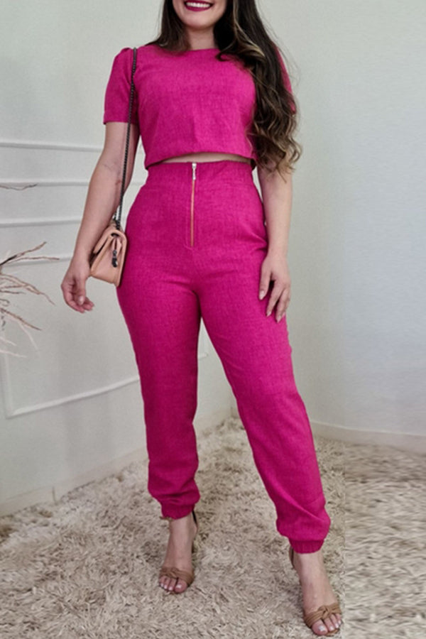 Two-piece set of round neck short-sleeved shirt high-waisted trousers