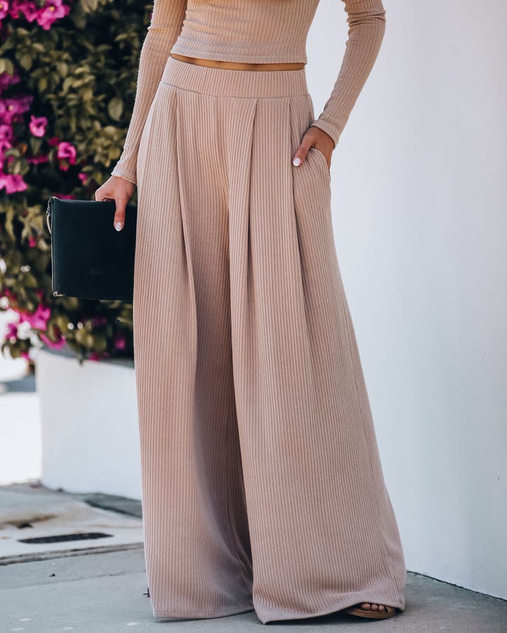 POCKETED RIBBED WIDE LEG PANTS