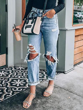 Casual Distressed Ripped Hole Mid-rise Straight Jeans