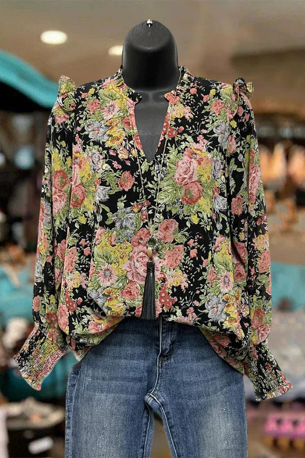Multicolor Smocked Cuffs Floral Blouse