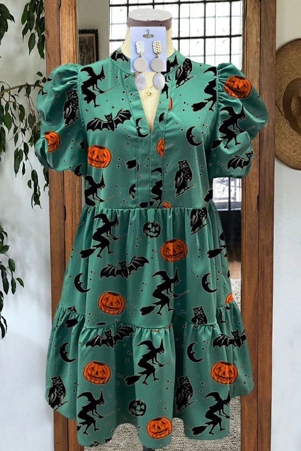 Elegant Puff Sleeve Pumpkin Print Midi Dress