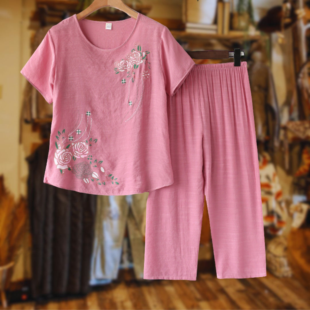 Middle-aged and elderly cotton and linen pajamas set