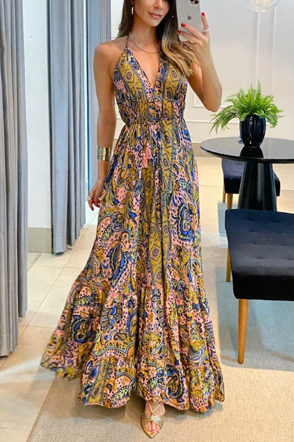 True Meaning Printed Backless Vacation Maxi Dress