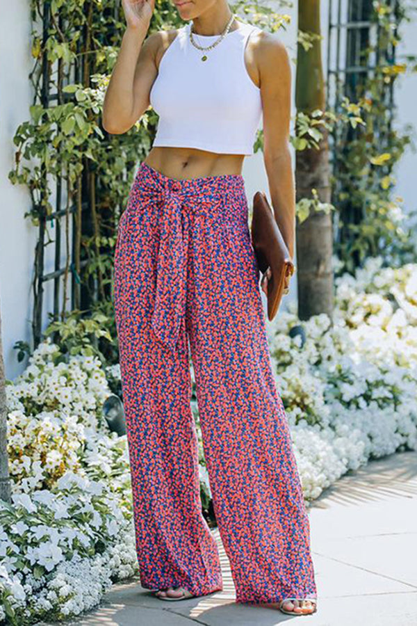 Printed High Waist Loose Lace Up Wide Leg Pants