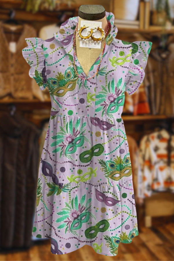 Mardi Gras Print V-Neck Ruffle Sleeve Dress