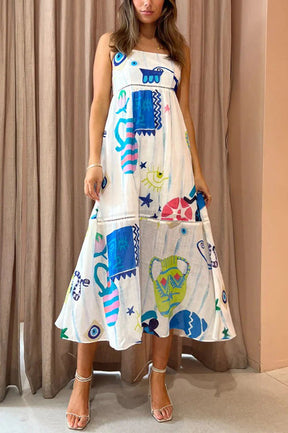 She's The Fun Linen Blend Playful Print Ladder Trim Midi Dress