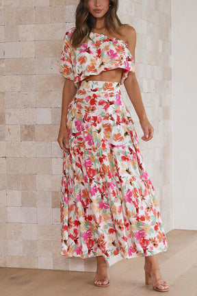 Sunny Spritzer Floral Pocketed One Shoulder Midi Skirt Set
