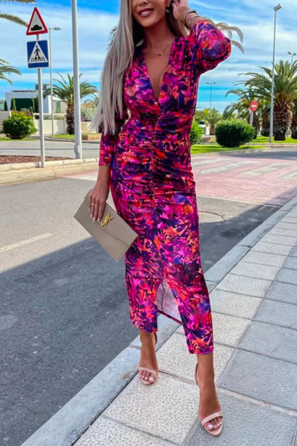Deep V Neck Long Sleeve Ruched Slit Printed Bodycon Dress