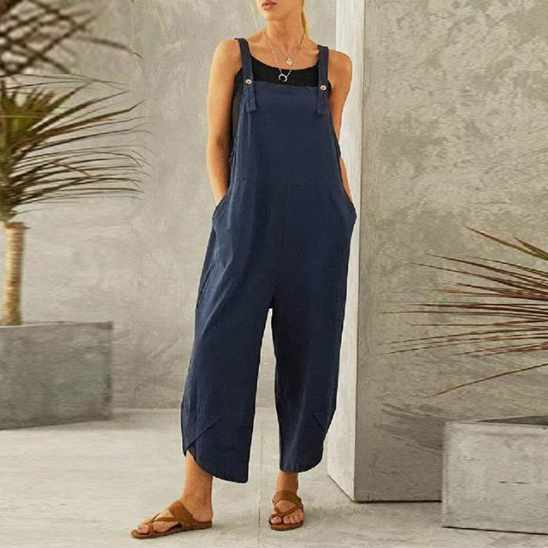 Women's New Solid Color Casual 9-point Suspender Pants