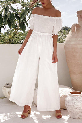 White One-piece with A One-line Collar and Bubble Sleeves