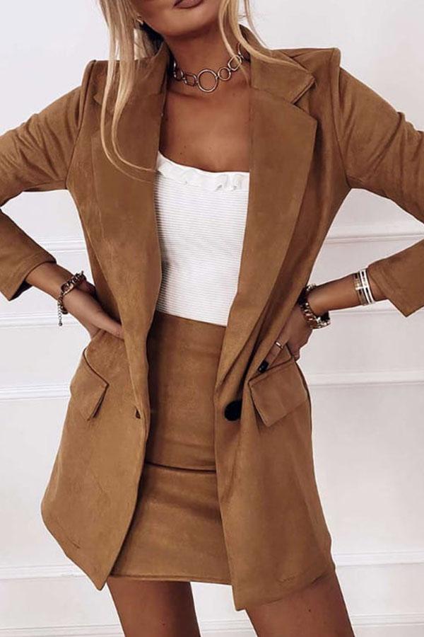 Plain Pocket Design Blazer Coat & Skirt Set