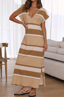 Khaki Striped V-Neck Casual Long Dress