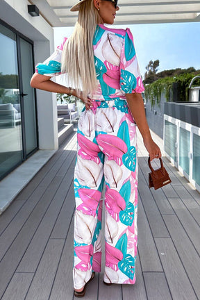 Sunny Beach Tropical Print Tie-up Top and Pocketed Elastic Waist Pants Set