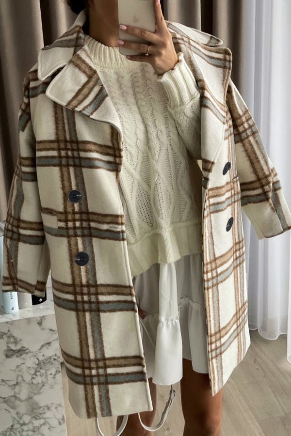 Women's Lapel Double Breasted Long Sleeve Plaid Wool Coat