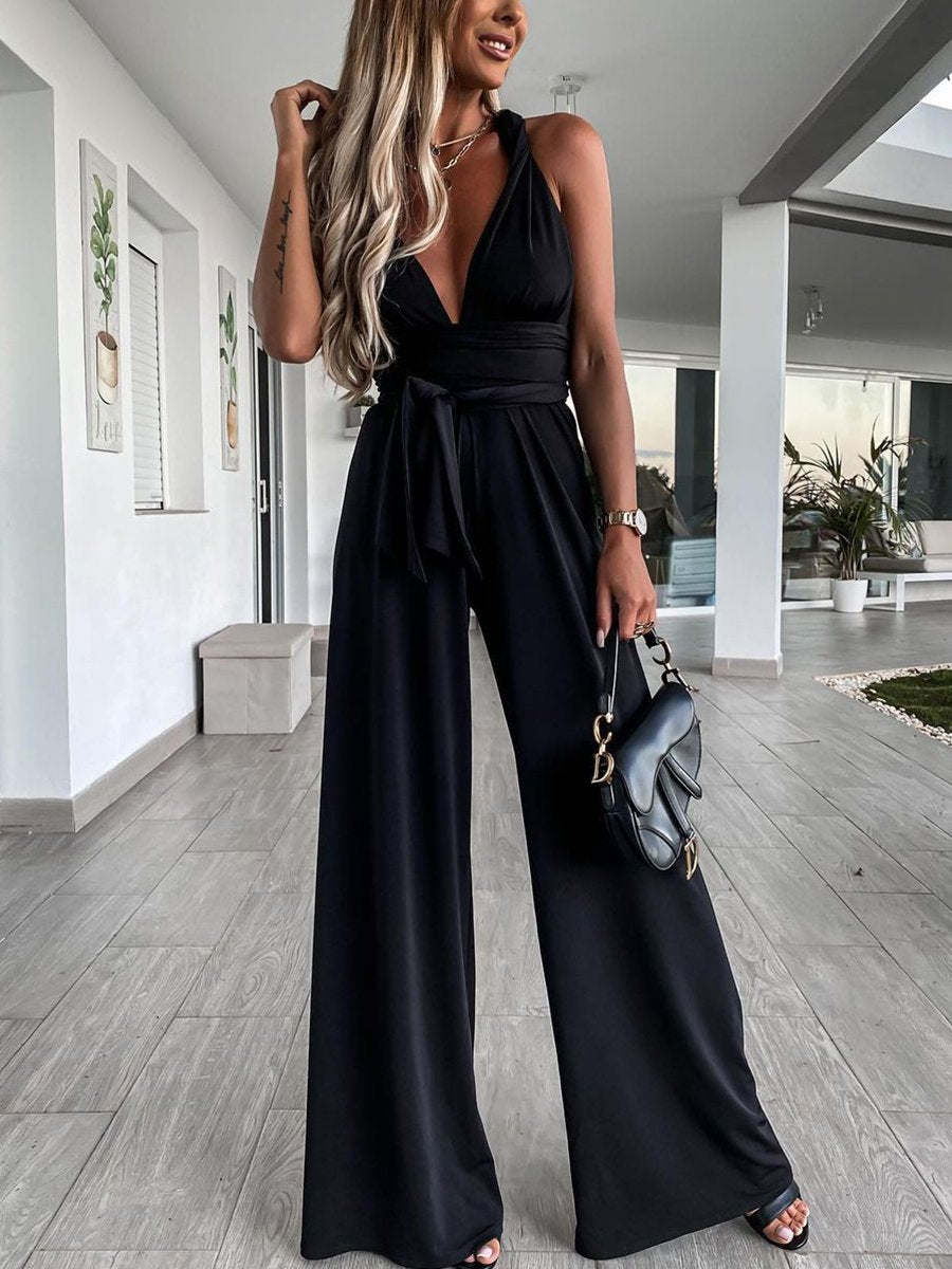 Solid Color Sexy Deep V Lace-up Flared Jumpsuit