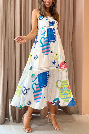 She's The Fun Linen Blend Playful Print Ladder Trim Midi Dress