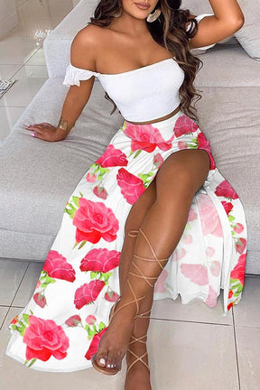 Off Shoulder Ombre Colorblock Top & High Slit Maxi Skirt Sets