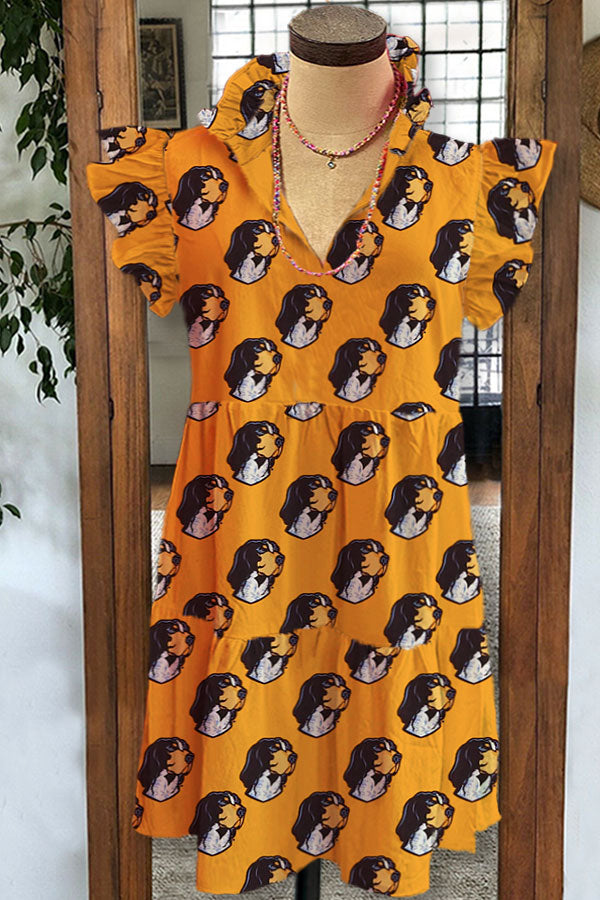 Tennessee Dog Print Pleated Ruffled V-neck Dress
