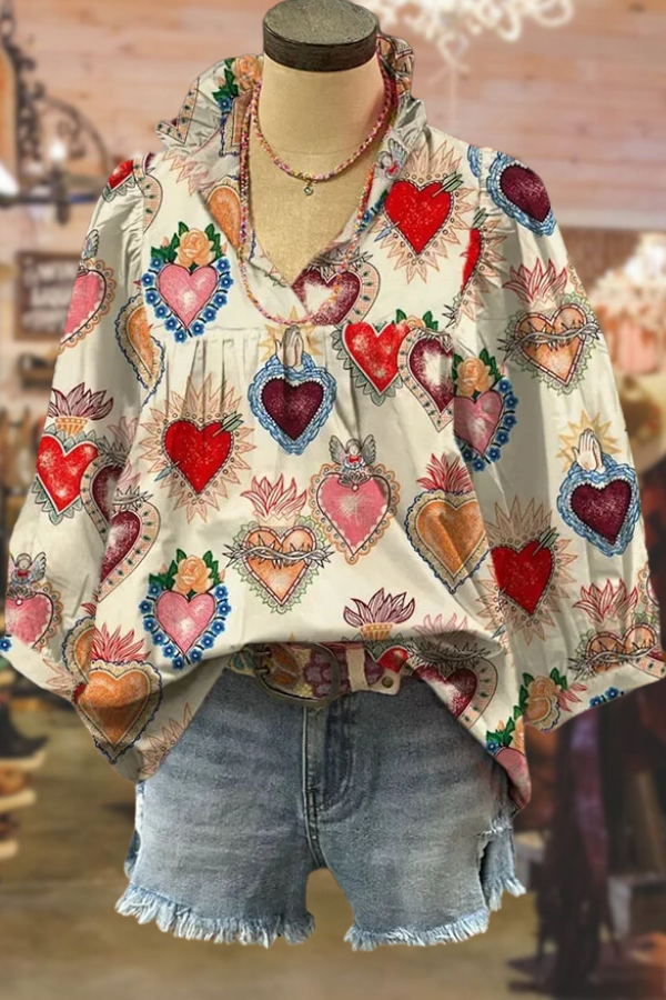 Vintage Heart Print V-Neck Bubble Sleeve Top
